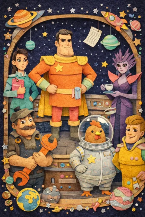 Book Three cover: a square-chinned starship captain in a gold cape, a hen in a fishbowl helmet and the crew of a cardboard starship, in a frame of paper planets