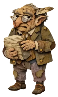 Mortimer Quill, a small goblin narrator in a patched coat, holding his pages